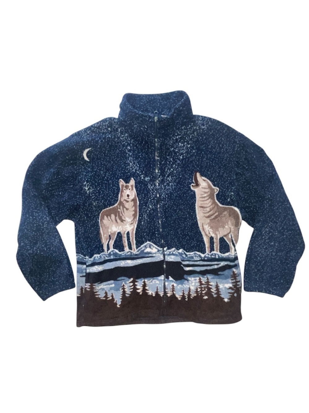 Vintage Fleece Howling Wolves Zip Up Jacket Sweatshirt Navy Size Large